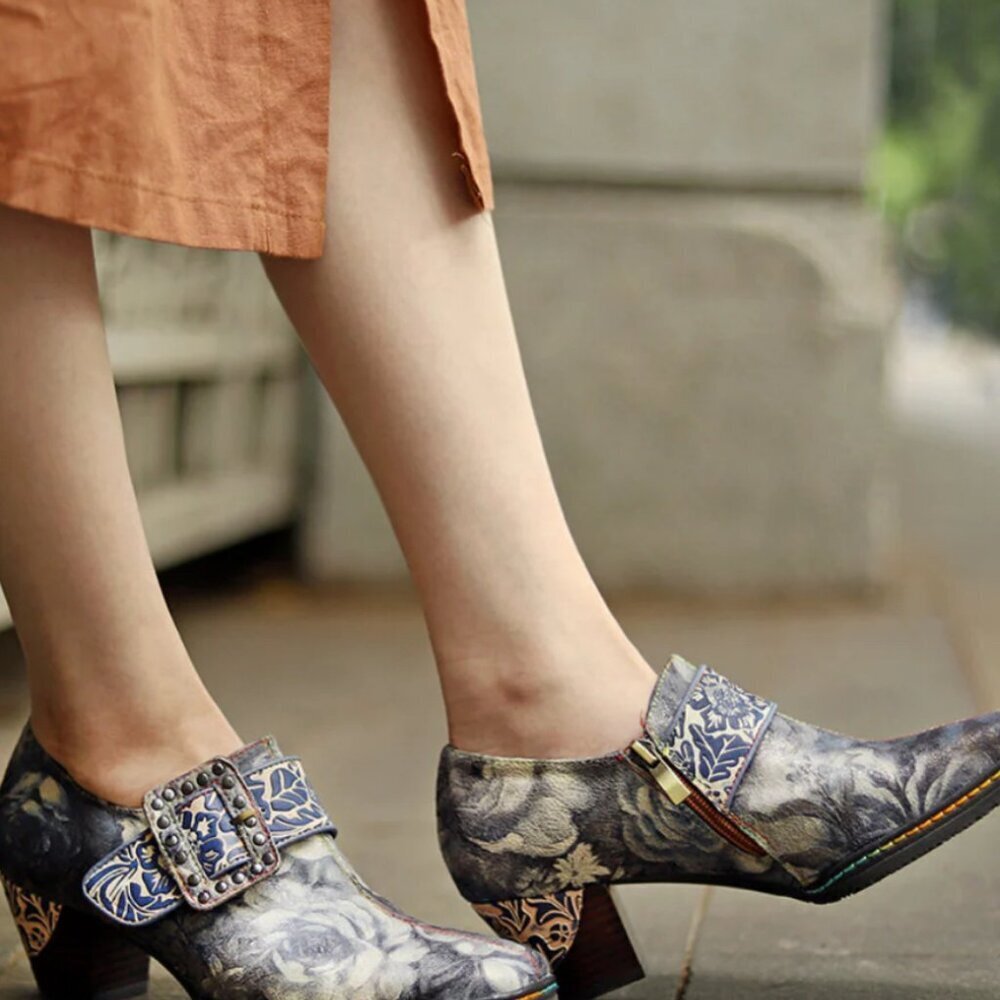 NWOT Gray Embossed Floral Buckle Leather Side Zip Loafer Bootie - Picture 2 of 14